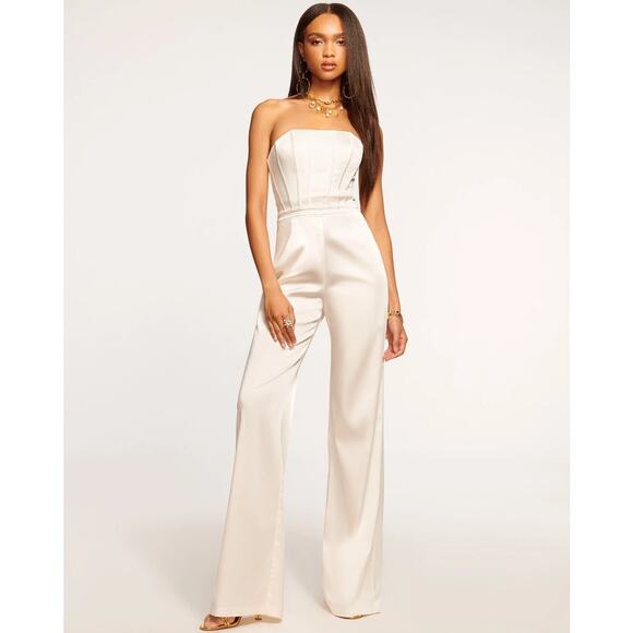 Ramy Brook NWT Mira Strapless Black Satin Jumpsuit Wide Leg Boned Bodice size 4 - Picture 12 of 15